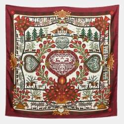 Pre Owned Hermes Maroon Decoupages Silk Scarf