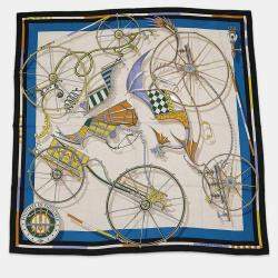 Pre Owned Hermes Giant Square Elaborate Carriage Voitures En Equilibre Fall/Winter 2023 Size 140 Black/Blue Cobalt/Natural Cashmere70% Silk30%