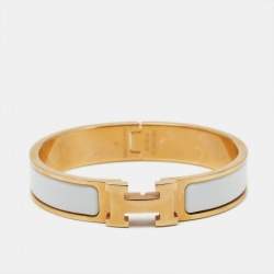 Pre Owned Hermès Clic H White Enamel Rose Gold Plated Bracelet