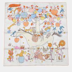 مملوكة مسبقًا وشاح هيرمس حرير أبيض جليدي/أزرق جليدي/مشمش كار 90 لو بوميير سيليير حجم 90