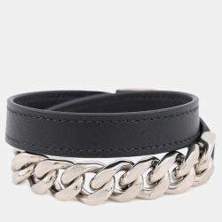 Pre Owned Hermes Camden Chain Bracelet Size T4 Black/Shiver Leather Metal