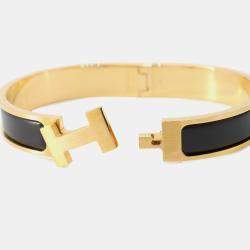 Pre Owned Hermes Clic H PM Black Enamel Gold Plated Women's Bracelet