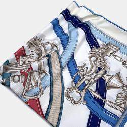 Pre Owned HERMES Carre Legendary Harness Size 90 White/Blue Jean/Bois de Rose Silk