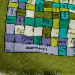 Pre Owned Hermes Green Bolduc au Carre Cashmere & Silk Fringe Scarf