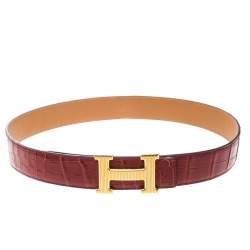 (Exotic) Hermes Malachite Porosus Croco Leather Belt (Stamp T) 85cm with  Gold Buckle, with Box