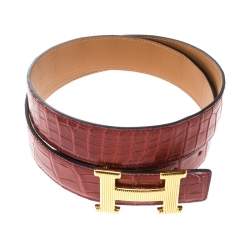 Pre Owned Hermes Brown Porosus Crocodile Gold Grooved Finished H Buckle Belt 85cm