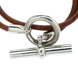 Pre Owned Hermes Glenan Brown Leather Double Wrap Toggle Bracelet