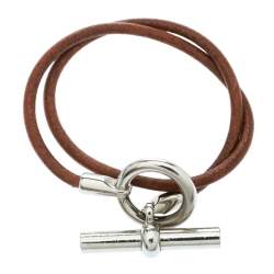 Pre Owned Hermes Glenan Brown Leather Double Wrap Toggle Bracelet