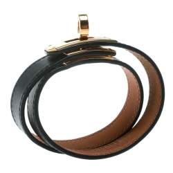 Pre Owned Hermes Kelly Double Tour Black Leather Gold Plated Wrap Bracelet M