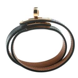 Pre Owned Hermes Kelly Double Tour Black Leather Gold Plated Wrap Bracelet M