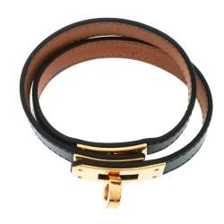 Pre Owned Hermes Kelly Double Tour Black Leather Gold Plated Wrap Bracelet M