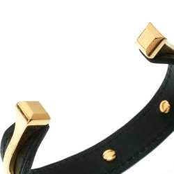 Hermes Black Leather Gold Plated Open Cuff Bracelet