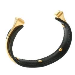 Hermes Black Leather Gold Plated Open Cuff Bracelet