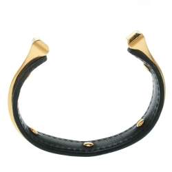 Hermes Black Leather Gold Plated Open Cuff Bracelet