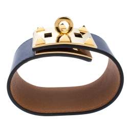 Pre Owned Hermes Kelly Dog Extreme Blue Leather Gold Plated Wide Bracelet S