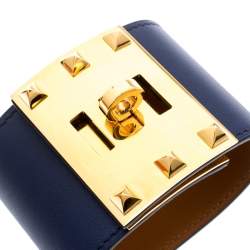Pre Owned Hermes Kelly Dog Extreme Blue Leather Gold Plated Wide Bracelet S