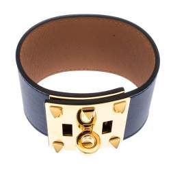 Pre Owned Hermes Kelly Dog Extreme Blue Leather Gold Plated Wide Bracelet S