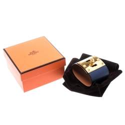 Pre Owned Hermes Kelly Dog Extreme Blue Leather Gold Plated Wide Bracelet S