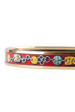 Pre Owned Hermes Multicolor Chain Print Enamel Gold Plated Narrow Bangle Bracelet