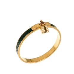 Pre Owned Hermes Kelly Lock Cadena Green Lizard Skin Gold Plated Bangle Bracelet