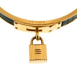 Pre Owned Hermes Kelly Lock Cadena Green Lizard Skin Gold Plated Bangle Bracelet