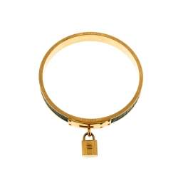 Pre Owned Hermes Kelly Lock Cadena Green Lizard Skin Gold Plated Bangle Bracelet