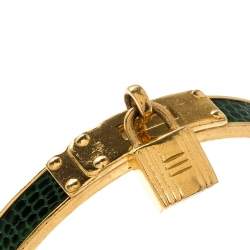 Pre Owned Hermes Kelly Lock Cadena Green Lizard Skin Gold Plated Bangle Bracelet