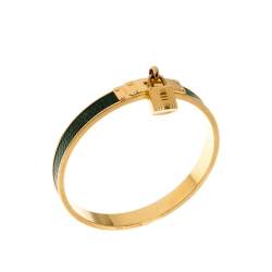 Pre Owned Hermes Kelly Lock Cadena Green Lizard Skin Gold Plated Bangle Bracelet