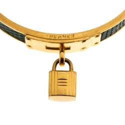 Pre Owned Hermes Kelly Lock Cadena Green Lizard Skin Gold Plated Bangle Bracelet
