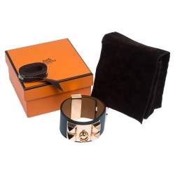 Pre Owned Hermes Collier De Chien Malachite Green Leather Rose Gold Plated Cuff Bracelet