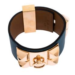 Pre Owned Hermes Collier De Chien Malachite Green Leather Rose Gold Plated Cuff Bracelet