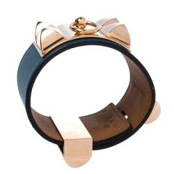 Pre Owned Hermes Collier De Chien Malachite Green Leather Rose Gold Plated Cuff Bracelet