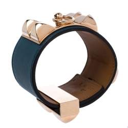 Pre Owned Hermes Collier De Chien Malachite Green Leather Rose Gold Plated Cuff Bracelet