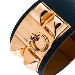 Pre Owned Hermes Collier De Chien Malachite Green Leather Rose Gold Plated Cuff Bracelet