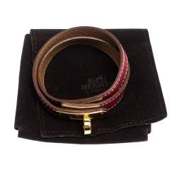 Pre Owned Hermes Kelly Double Tour Red Leather Gold Plated Wrap Bracelet