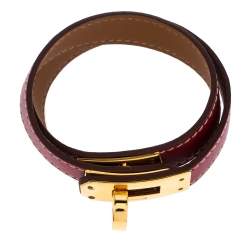 Pre Owned Hermes Kelly Double Tour Red Leather Gold Plated Wrap Bracelet