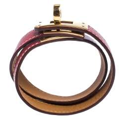 Pre Owned Hermes Kelly Double Tour Red Leather Gold Plated Wrap Bracelet