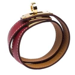 Pre Owned Hermes Kelly Double Tour Red Leather Gold Plated Wrap Bracelet