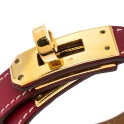 Pre Owned Hermes Kelly Double Tour Red Leather Gold Plated Wrap Bracelet