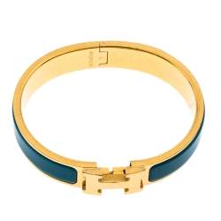 Pre Owned Hermes Clic H Blue Enamel Gold Plated Narrow Bracelet PM