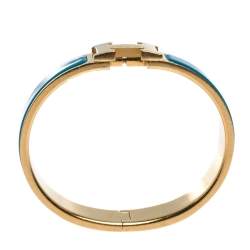 Pre Owned Hermes Clic H Blue Enamel Gold Plated Narrow Bracelet PM