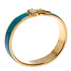 Pre Owned Hermes Clic H Blue Enamel Gold Plated Narrow Bracelet PM