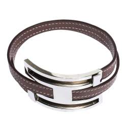 Pre Owned Hermes Pousse Pousse Leather Palladium Plated Adjustable H Bracelet