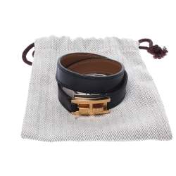 Pre Owned Hermes Drag Double Tour Black Leather Gold Plated Wrap Bracelet