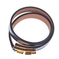 Pre Owned Hermes Drag Double Tour Black Leather Gold Plated Wrap Bracelet