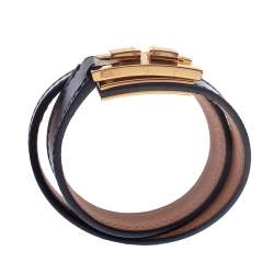 Pre Owned Hermes Drag Double Tour Black Leather Gold Plated Wrap Bracelet
