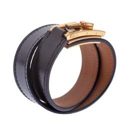 Pre Owned Hermes Drag Double Tour Black Leather Gold Plated Wrap Bracelet