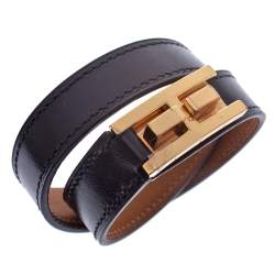 Pre Owned Hermes Drag Double Tour Black Leather Gold Plated Wrap Bracelet