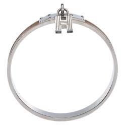 Pre Owned Hermes Kelly H Lock Cadena Charm Brown Leather Palladium Plated Bangle Bracelet