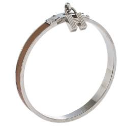 Pre Owned Hermes Kelly H Lock Cadena Charm Brown Leather Palladium Plated Bangle Bracelet
